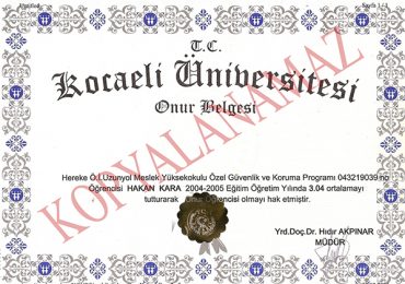 Kocaeli Üniversitesi özel dedektif onur belgesi